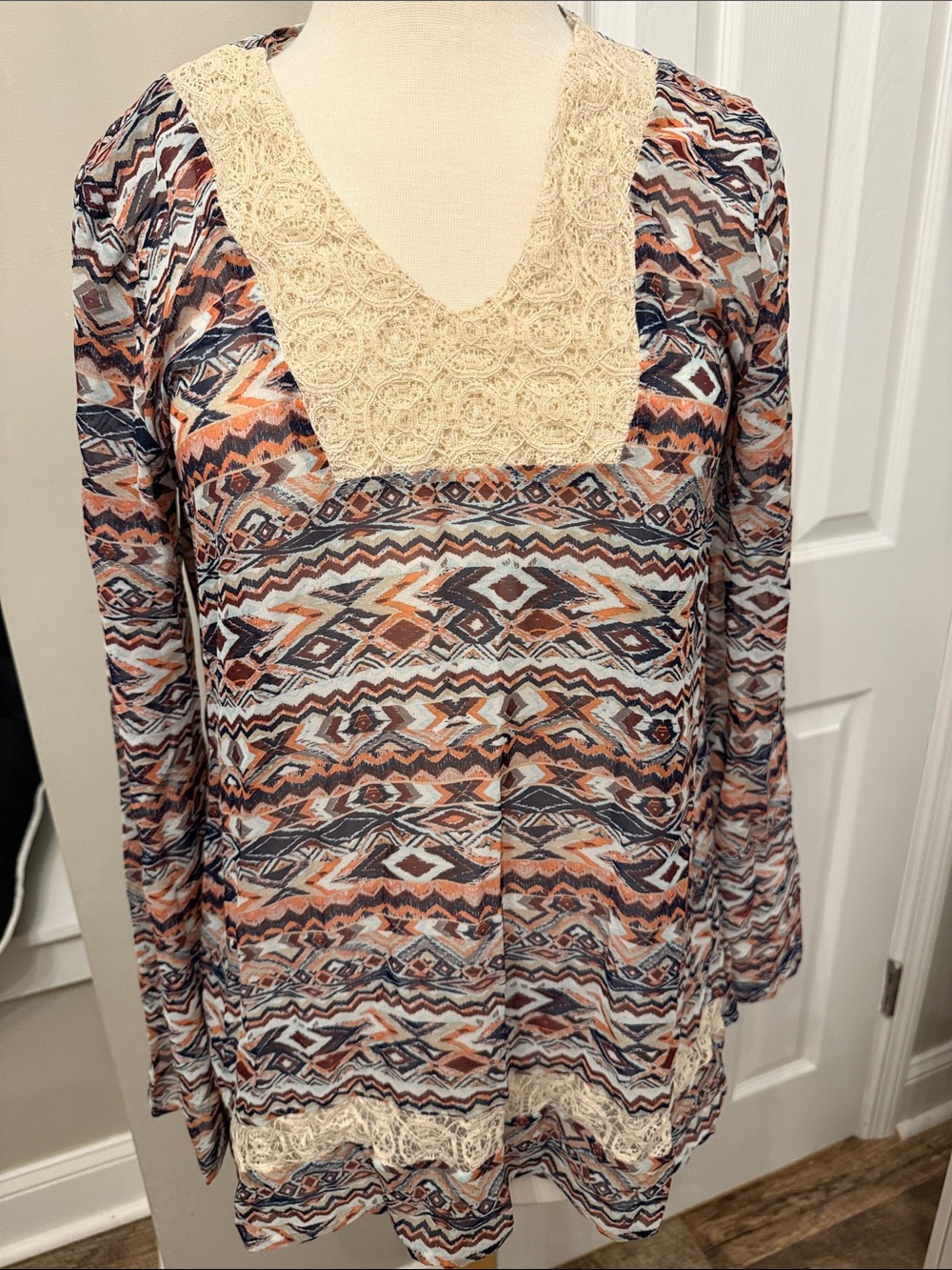 About A Girl Aztec Lace Trim V-Neck Tunic - Cream, Rust, Navy